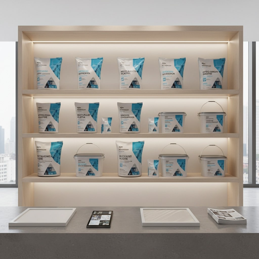Wooden display shelves hold various sizes of white product containers with blue and black branding, viewed from behind a grey counter with two framed items, a tablet, and a stack of brochures.