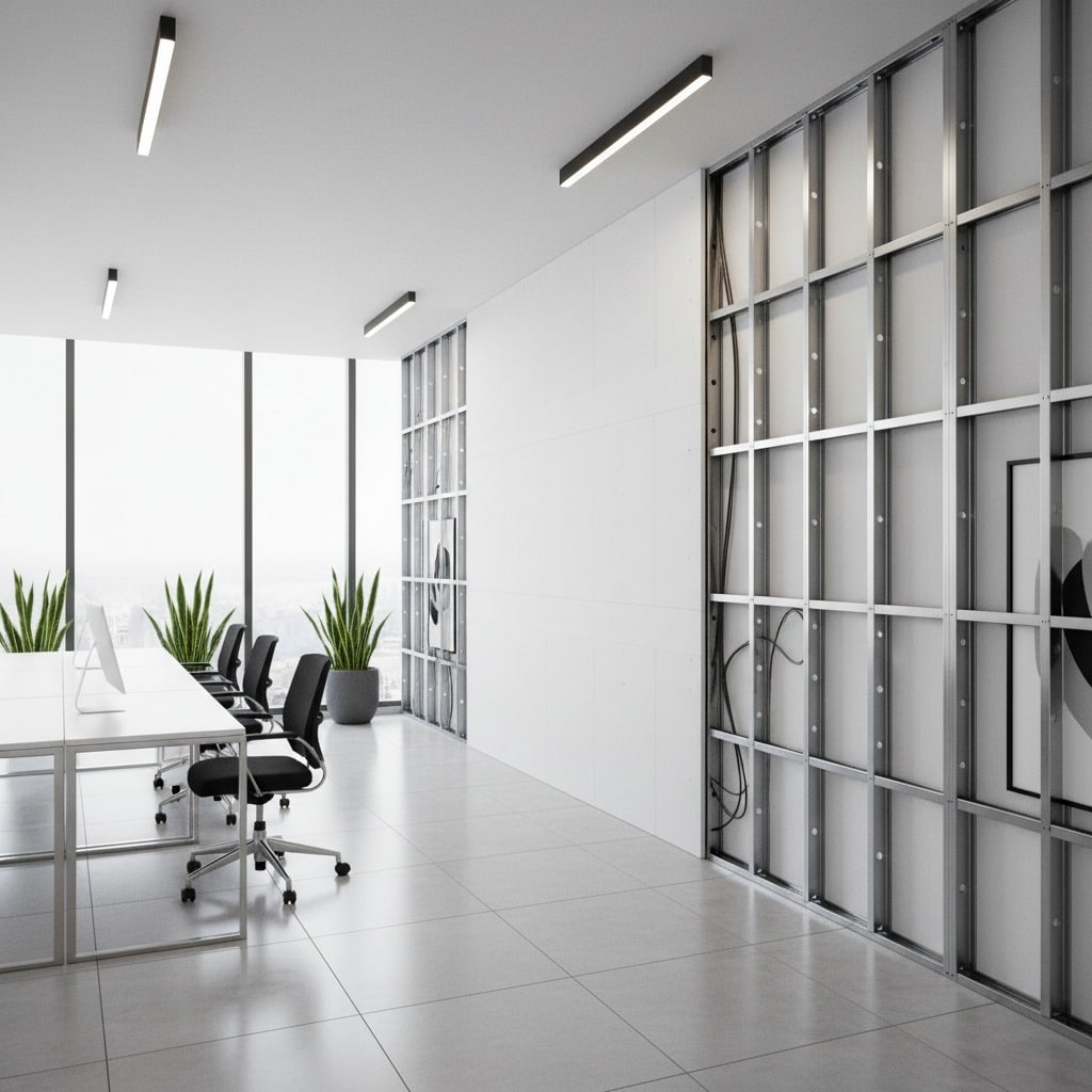 A modern office interior features a white desk with black chairs on the left and a wall under construction with exposed metal framing on the right.