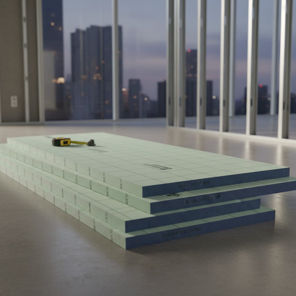 A stack of green insulation boards with grid lines rests on the concrete floor of a high-rise office under construction.